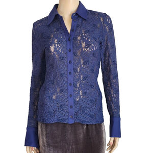 ANNE FONTAINE Savine Blue French Cuff Lace Blouse Size 38 6